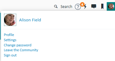 Dropdown menu under user icon with options: Profile, Settings, Change password, Leave the Community, Sign out.