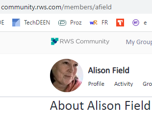 User profile page with tabs: Profile, Activity, Groups, and a selected 'About' section.