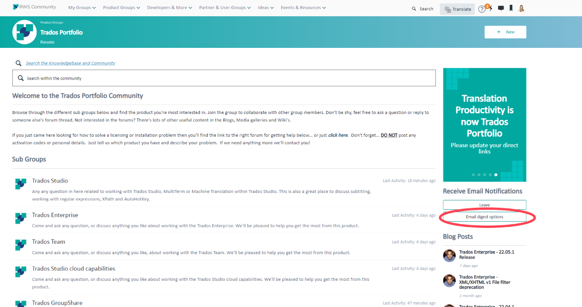 Trados Portfolio forum page with a sidebar highlighting 'Translation Productivity is now Trados Portfolio' and an 'Email digest options' button circled at the bottom.