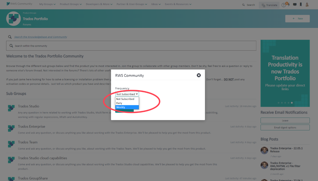Pop-up window on Trados Portfolio forum page with 'Frequency' dropdown menu options circled, showing 'Not Subscribed', 'Daily', and 'Weekly'.