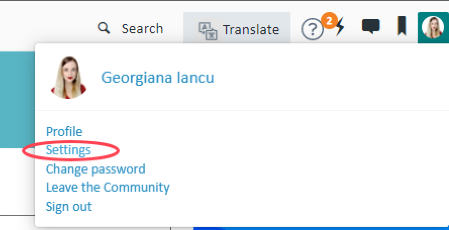 Dropdown menu under a user's profile with 'Settings' circled.