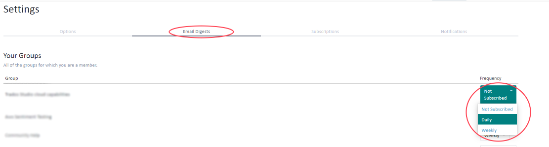 Settings page with 'Email Digests' tab selected and 'Frequency' dropdown menu options circled, showing 'Not Subscribed', 'Daily', and 'Weekly'.