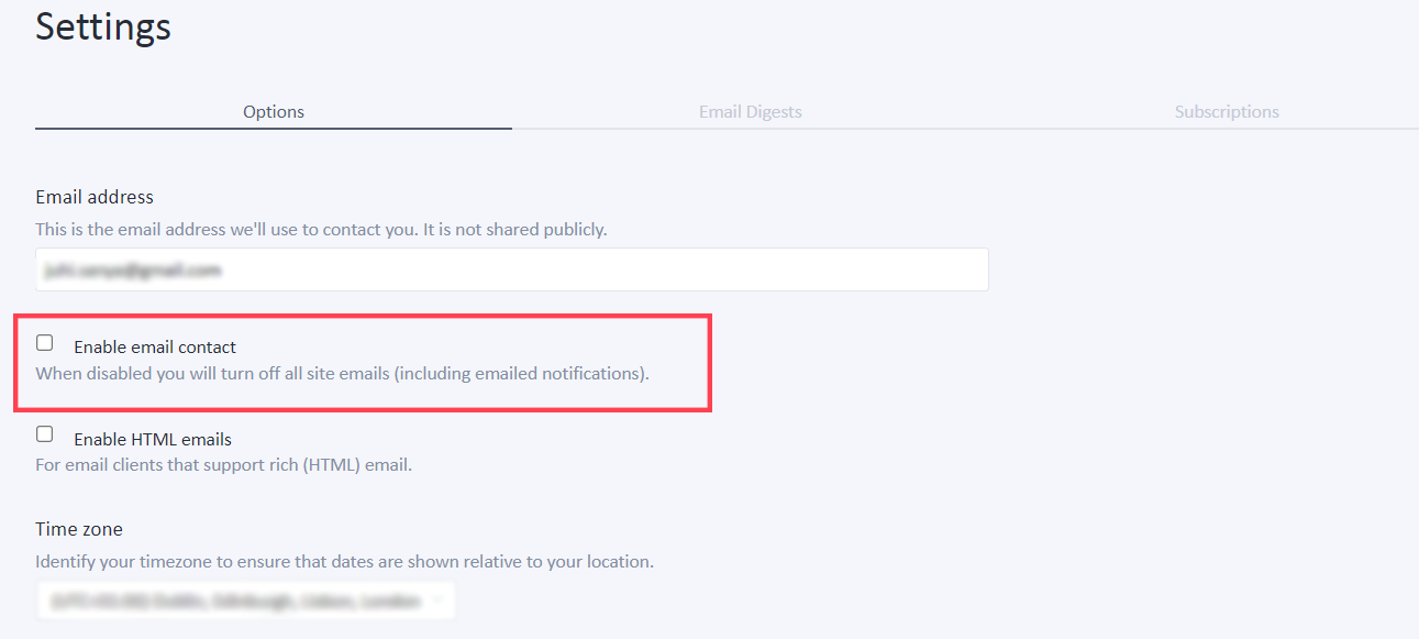 Settings page showing the 'Enable email contact' option unchecked with a warning that disabling will turn off all site emails.