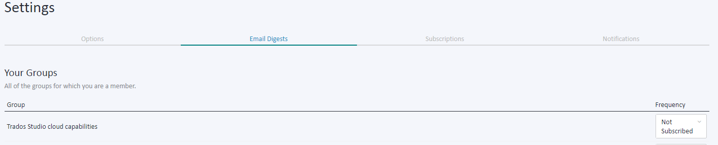 Trados Studio settings showing 'Email Digests' tab with a group 'Trados Studio cloud capabilities' and a dropdown menu set to 'Not Subscribed'.