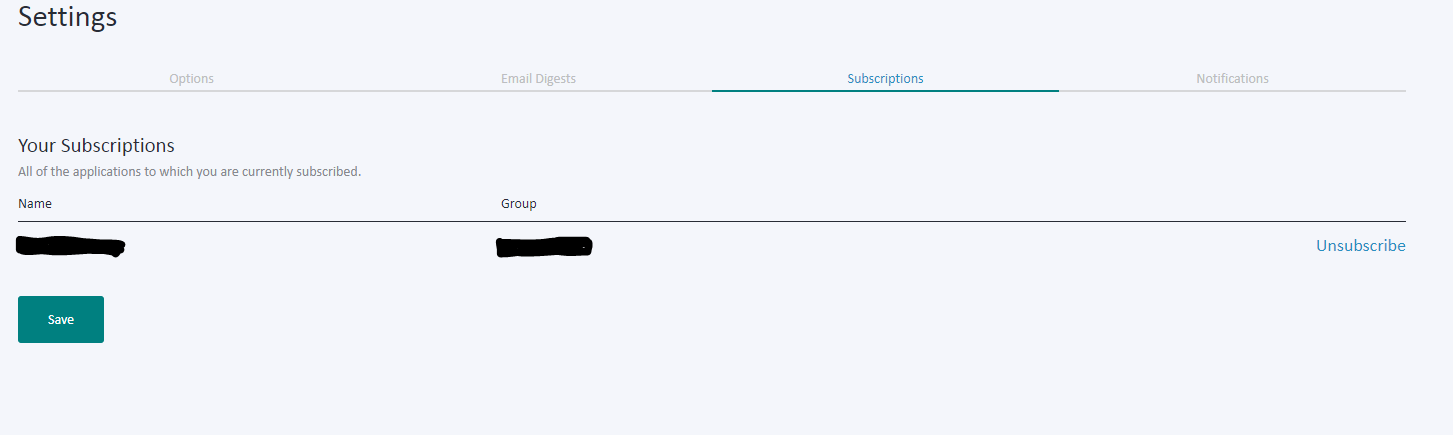 Trados Studio settings under 'Subscriptions' tab with a blurred out subscription name and group, and an 'Unsubscribe' button.