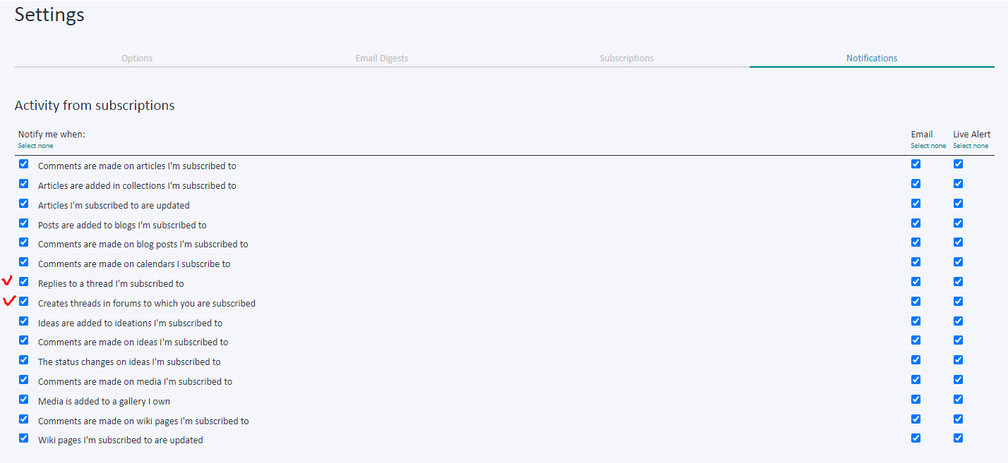 Trados Studio notifications settings with various options for email and live alerts, including 'Replies to a thread I'm subscribed to' and 'Creates threads in forums to which you are subscribed' checked.