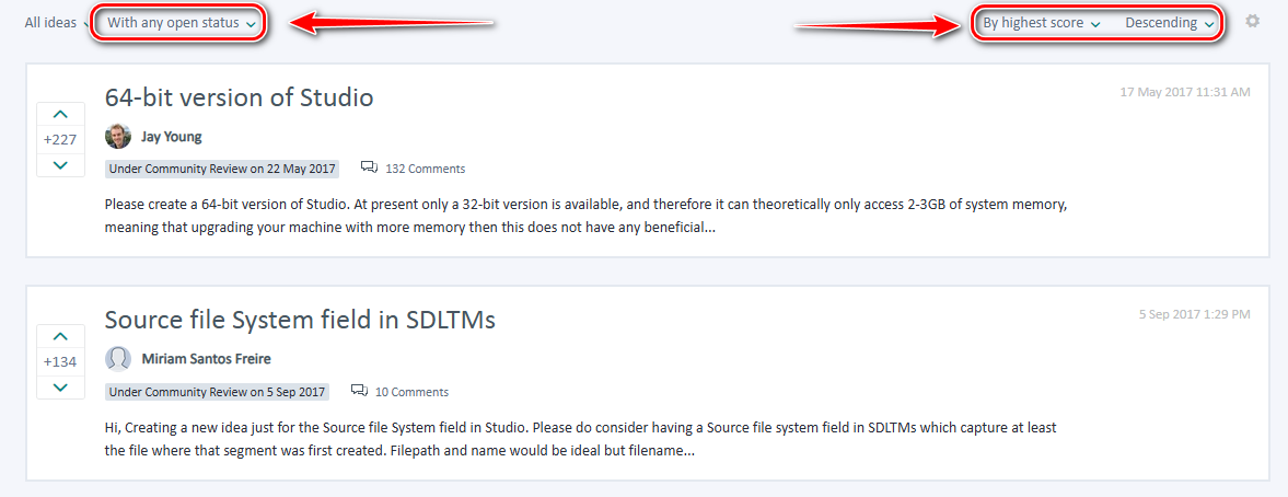 Screenshot of a community feedback page showing idea submissions with filter options 'With any open status' and 'By highest score' selected, and sorting set to 'Descending'.