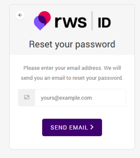 RWS password reset screen with a field for entering an email address, a 'Send Email' button, and instructions to reset the password via email.