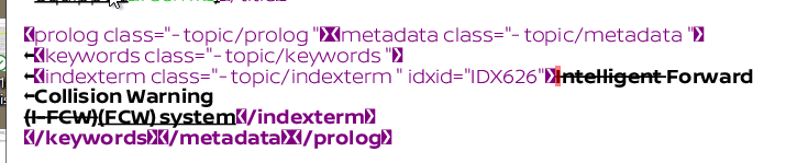 Screenshot of XML code with indexterm tags for Intelligent Forward Collision Warning system, showing the string without TRACE markers.