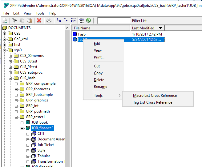 Screenshot of Trados Studio's PathFinder with a right-click context menu open on 'fasb' spec showing options including Macro List Cross Reference and Tag List Cross Reference.