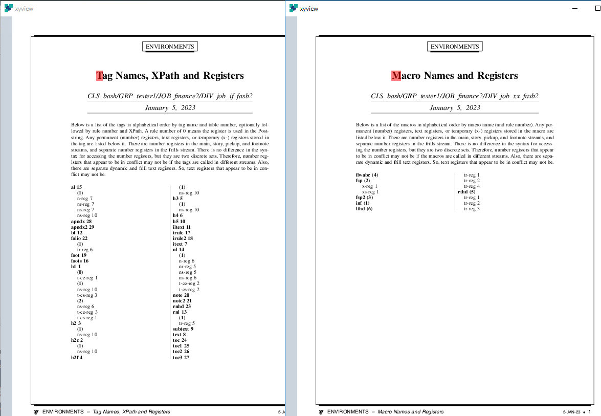 Screenshot of a DIV window displaying a list of Tag Names, XPath, and Registers for 'CLS_bashGRP_tester1JOB_finance2DIV_job_if_fasb2' with various tags and register numbers.