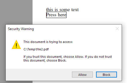 Screenshot of Trados Studio with a Security Warning dialog box, indicating 'This document is trying to access: C:Tempfile2.pdf' with options to Allow or Block.