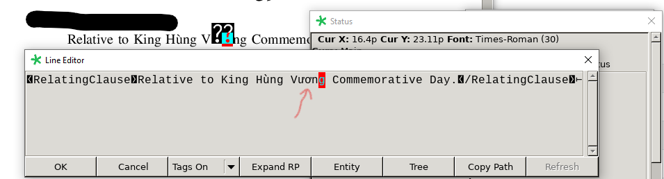 Screenshot of XPP v9.4 software with two windows. The 'Status' window indicates the current font as Times-Roman. The 'Line Editor' window shows text with the Vietnamese character 'o with horn' displayed correctly.