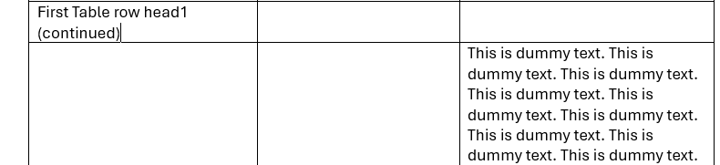 Table with three columns. First row has 'First Table row head1 (continued)' in column 1, columns 2 and 3 are mostly blank except for dummy text in column 3.