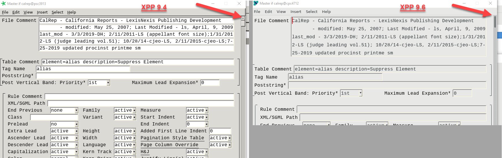 Screenshot of XPP 9.4 software interface showing File Comment section and Table Comment with no arrow button at the top of the vertical scrollbar.