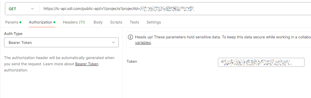 Screenshot of an API request in Postman with the GET method selected and a blurred URL. The Authorization tab is open showing Bearer Token selected with a warning about sensitive data in variables.