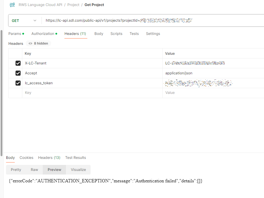 Screenshot of Postman showing the Headers tab for a GET request with three headers: X-LC-Tenant, Accept, and lc_access_token, all with blurred values.