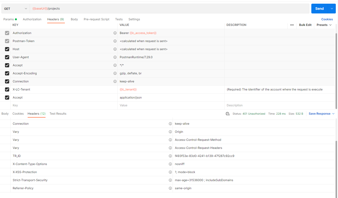Screenshot of Trados Studio API request with headers displayed, showing a 401 Unauthorized status error and a TRACE ID in the response headers.