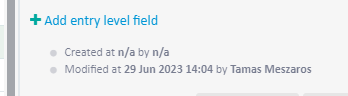 Screenshot showing Trados Studio interface with an entry modification log, indicating 'Created at na by na' and 'Modified at 29 Jun 2023 14:04 by Tamas Meszaros'.