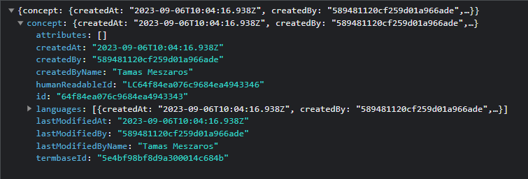 Screenshot of Trados Studio showing a JSON response with fields for concept, created at timestamp, created by ID, human readable ID, languages, last modified at timestamp, and term base ID. No visible errors or warnings.