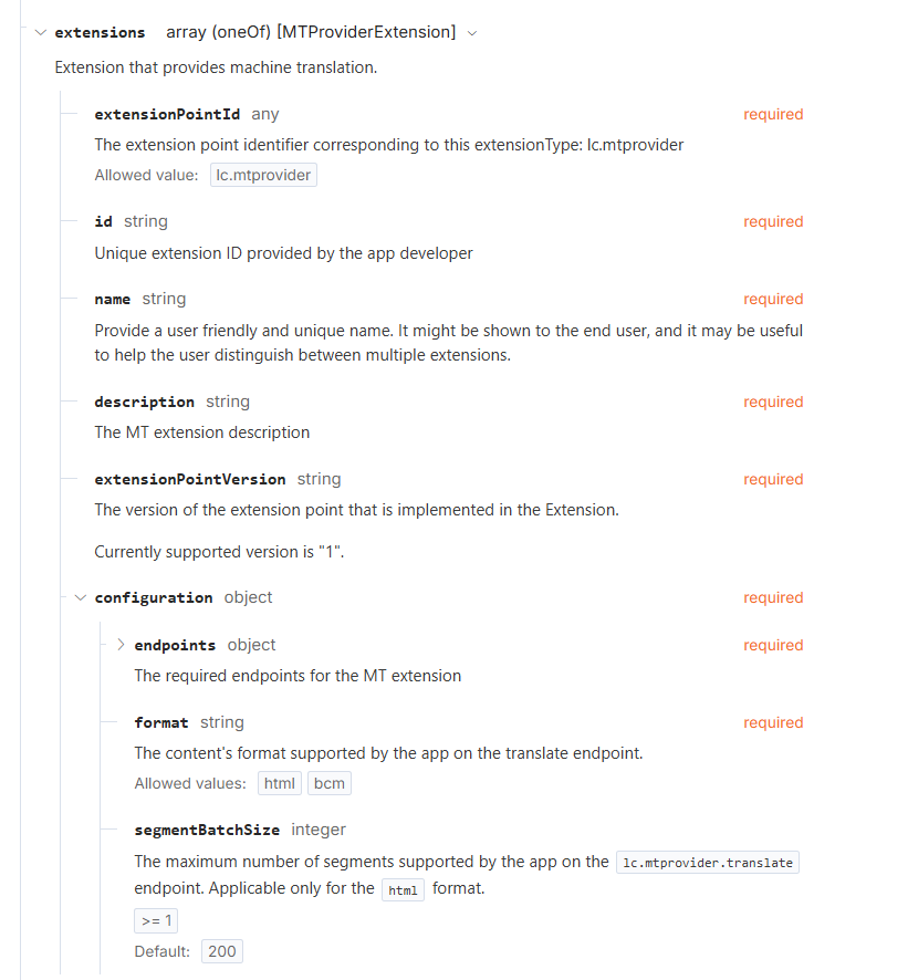 Screenshot of a documentation page for a machine translation extension, showing fields like extensionPointId, id, name, description, extensionPointVersion, and configuration with segmentBatchSize highlighted.