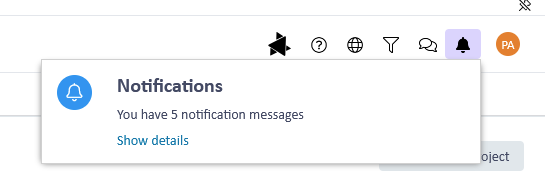 Screenshot showing a notifications popup with the text 'You have 5 notification messages' and a 'Show details' link. The bell icon is highlighted in the top navigation bar.