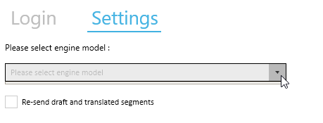 Settings screen showing a dropdown labeled 'Please select engine model' with no options listed and a checkbox labeled 'Re-send draft and translated segments.'