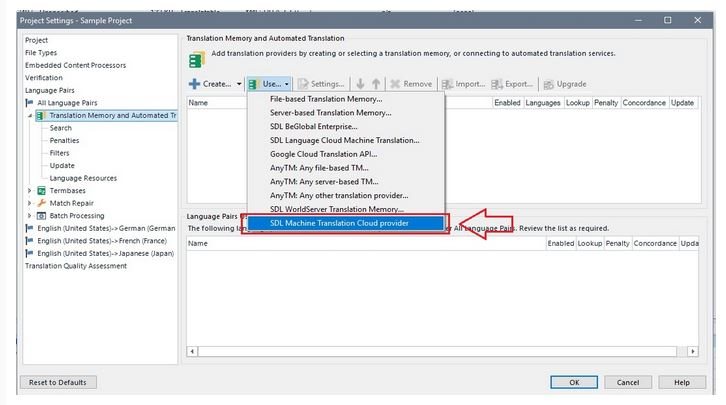 Trados Studio Project Settings window showing a list of Translation Memory and Automated Translation providers with SDL Machine Translation Cloud provider highlighted and an error message 'The following Language Pairs are not supported: All Language Pairs. Review the list as required.'