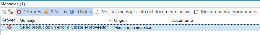 Screenshot showing an error message in a machine translation software interface. The message reads 'Se ha producido un error al utilizar el proveedor de traduccion Machine Translation' indicating a task was cancelled.