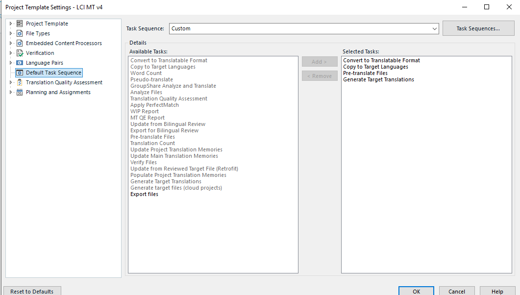 Screenshot of Project Template Settings in a software application showing a list of Available Tasks and Selected Tasks for a custom task sequence.