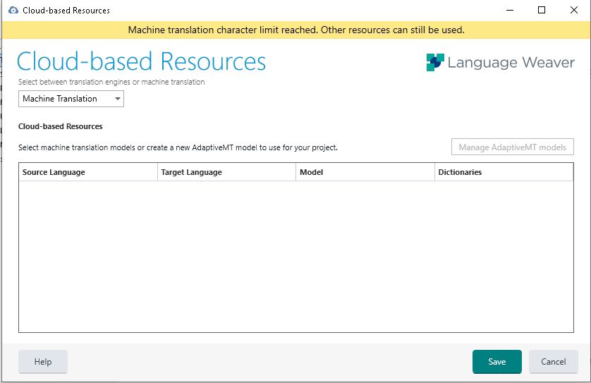 Trados Studio Cloud-based Resources window showing an error message 'Machine translation character limit reached. Other resources can still be used.'