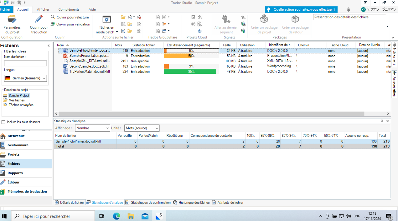 Screenshot of Trados Studio interface showing a sample project with files listed and their translation progress.