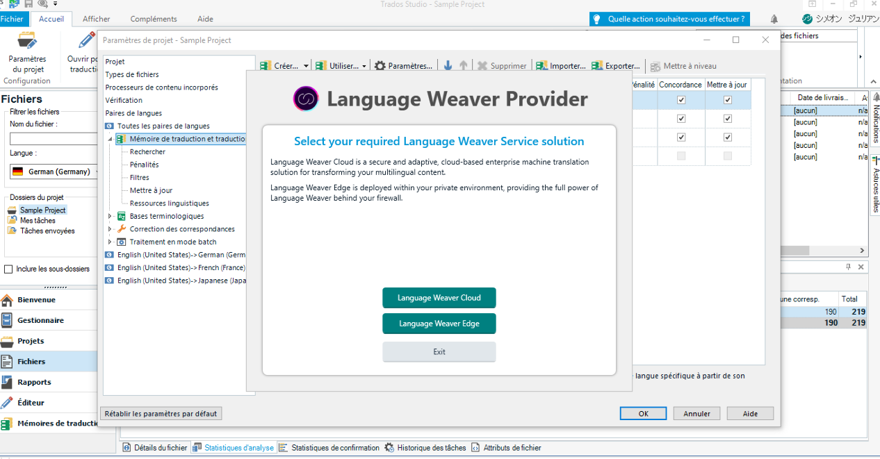 Screenshot of Language Weaver Provider interface in Trados Studio with options to select Language Weaver Cloud or Language Weaver Edge.