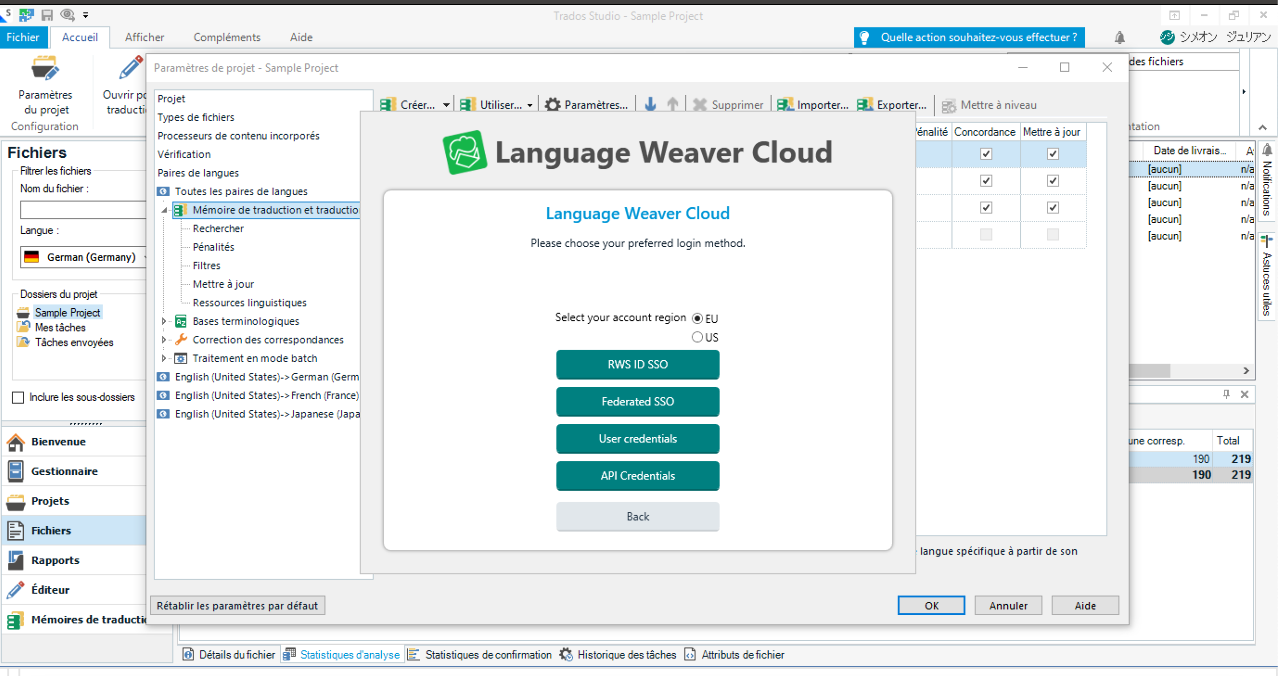 Screenshot of Language Weaver Cloud login options including RWS ID SSO, Federated SSO, User credentials, and API Credentials.