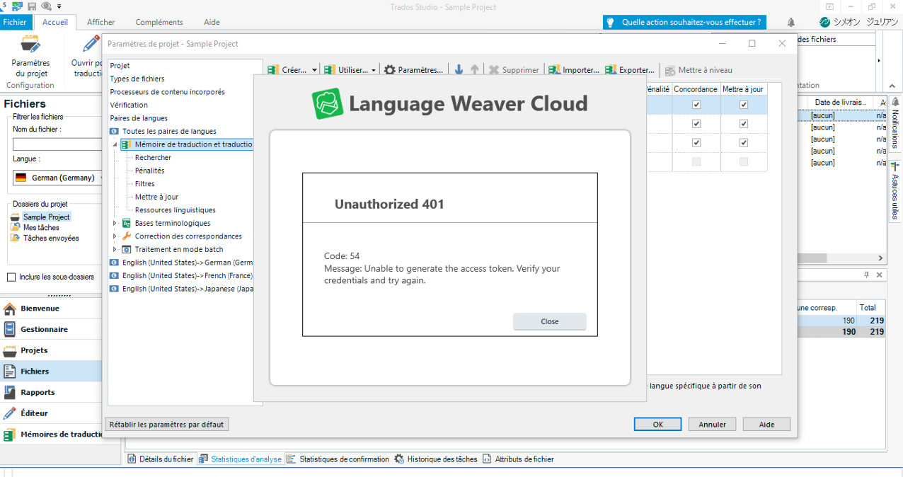 Error message in Trados Studio's Language Weaver Cloud interface displaying 'Unauthorized 401' with a message to verify credentials.