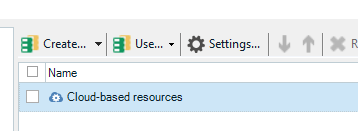 Trados Studio interface showing menu options 'Create...', 'Use...', 'Settings...', and a selected item 'Cloud-based resources' with no visible errors.