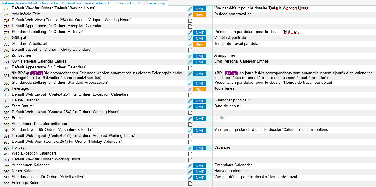 Screenshot of Trados Studio 2022 showing untranslated segments with NMT labels and percentage match values next to settings for 'Default Working Hours' and 'Holidays'.