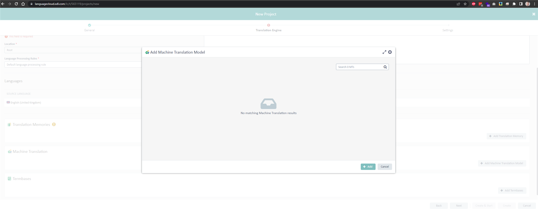 Trados Studio new project screen showing an error message 'No matching Machine Translation results' in the machine translation model section.