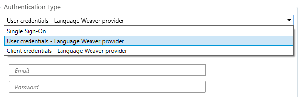 Authentication Type dropdown menu in Trados Studio with options for User credentials, Single Sign-On, and Client credentials for Language Weaver provider.
