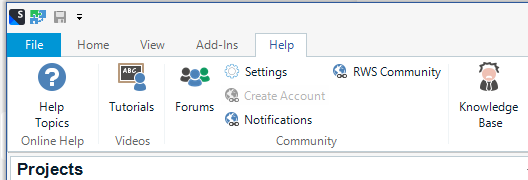 Trados Studio interface showing the Help tab with options for Help Topics, Tutorials, Forums, Videos, and Online Help. The RWS Community section includes Settings, Create Account, Notifications, and Community.