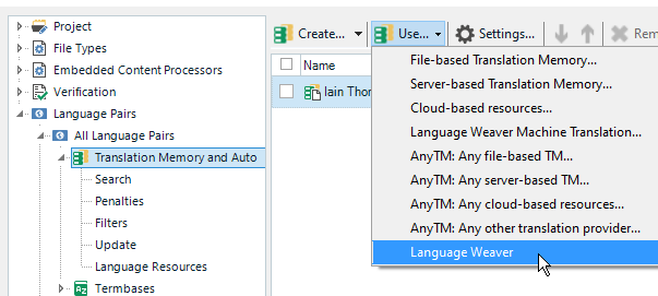 Screenshot of a software interface showing a project settings menu with 'Language Weaver' highlighted as an option under 'Language Resources'.