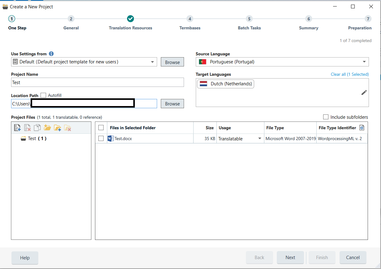 Trados Studio 'Create a New Project' window showing project setup with Portuguese to Dutch language pair selected and a single Word file ready for translation.