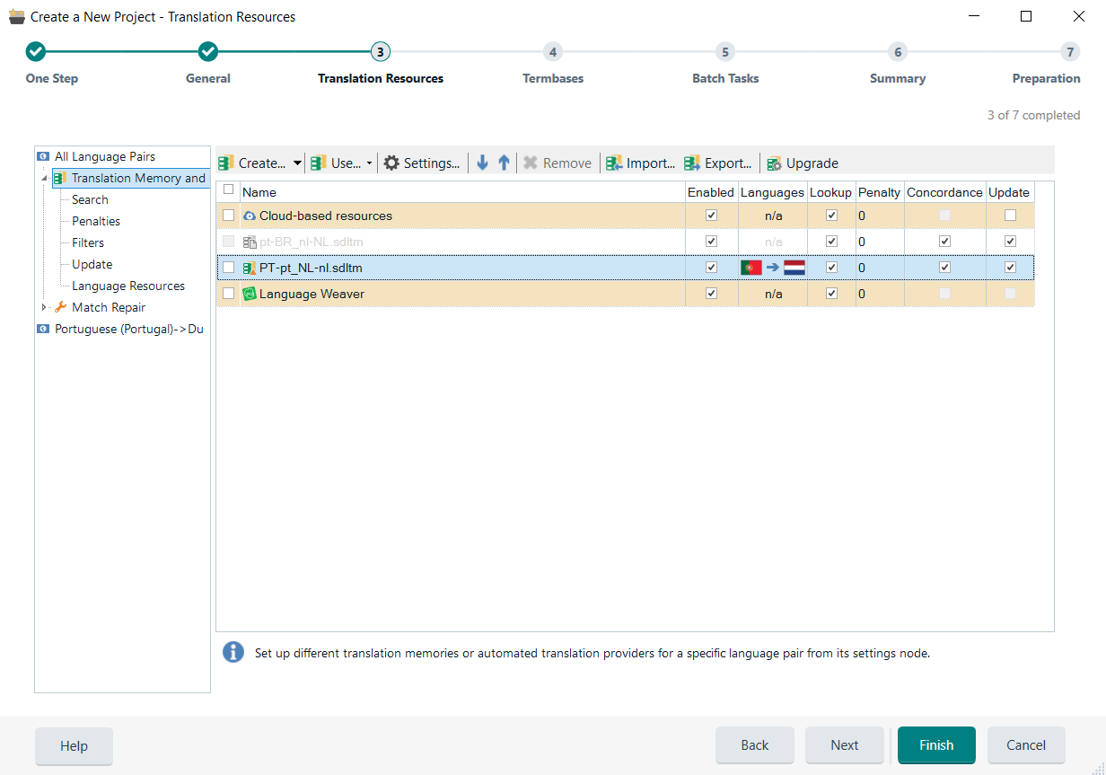 Trados Studio 'Translation Resources' tab displaying enabled Cloud-based resources and Language Weaver with no apparent errors or warnings.