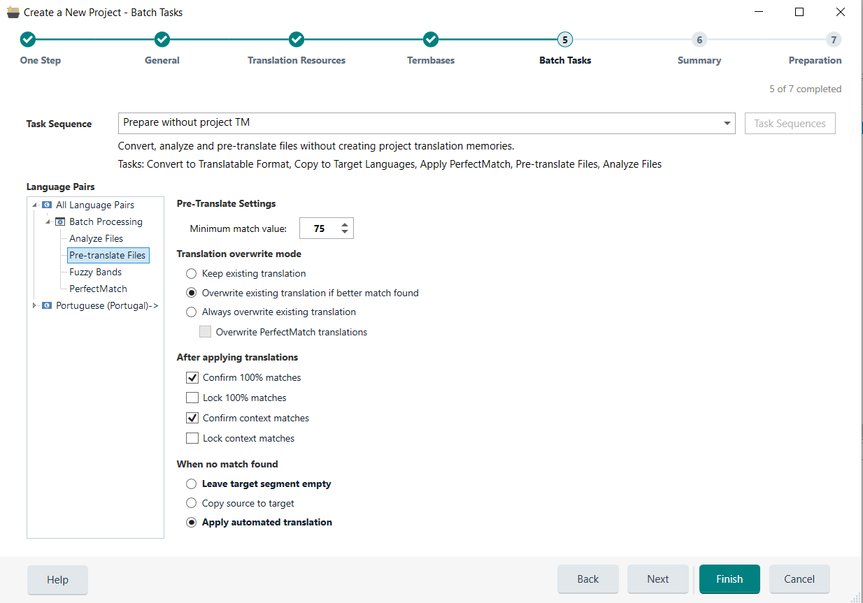 Trados Studio 'Batch Tasks' tab showing pre-translate settings with 'Leave target segment empty' selected for when no match is found.
