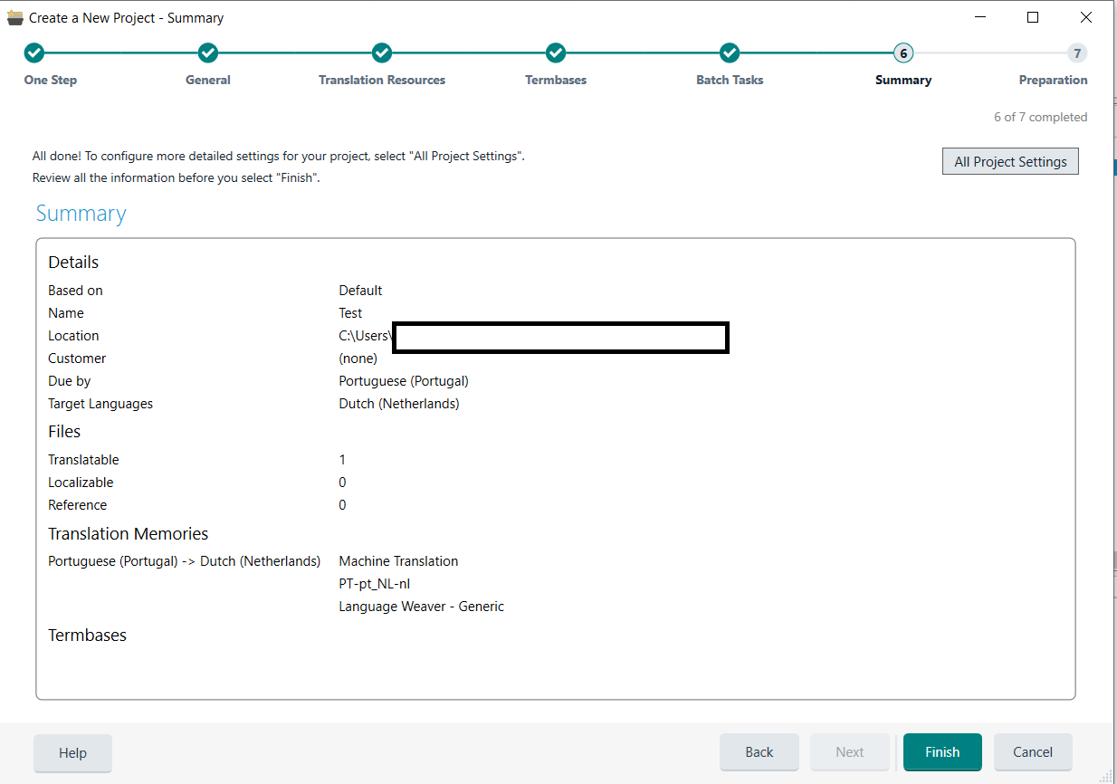 Summary window in Trados Studio displaying project details including source and target languages, files, and translation memories with no errors or warnings.