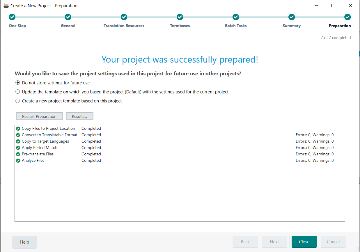 Final preparation window in Trados Studio confirming successful project setup with all tasks completed and no errors or warnings.