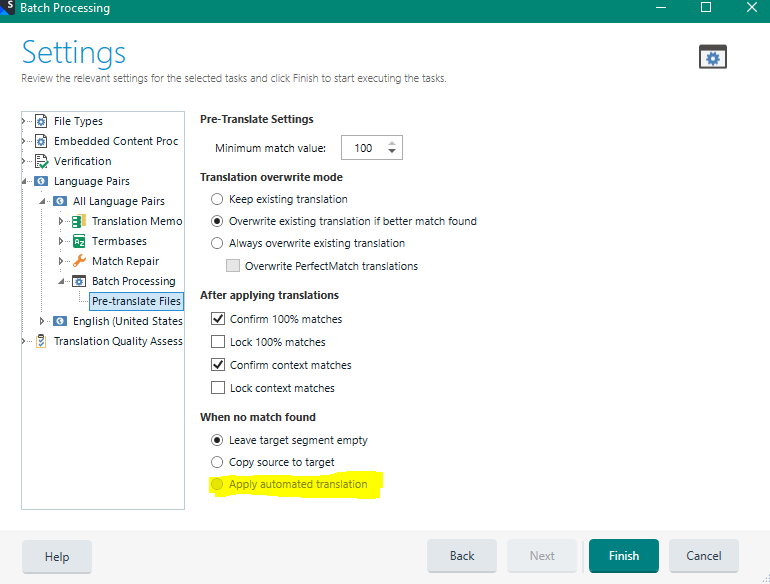 Trados Studio Batch Processing Settings window showing Pre-Translate Settings with 'Apply automated translation' option selected under 'When no match found' section.