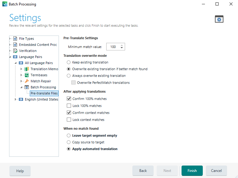 Trados Studio Batch Processing Settings window with 'Pre-Translate Settings' showing a minimum match value of 100 and no visible errors.