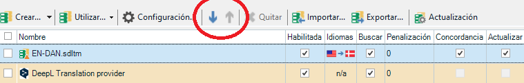 Trados Studio project settings showing the prioritization of translation memory (TM) with arrows indicating TM is first in the list of resources.