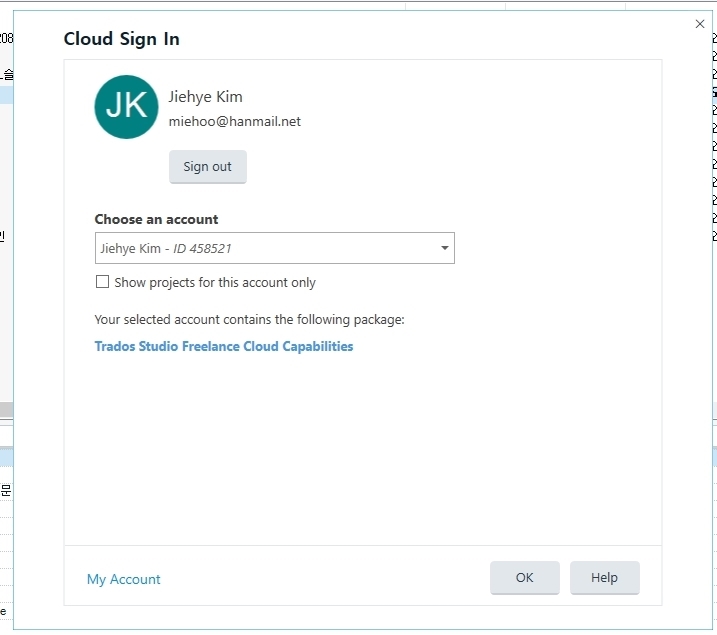 Cloud Sign In window with user Jiehye Kim signed in, showing Trados Studio Freelance Cloud Capabilities package selected.